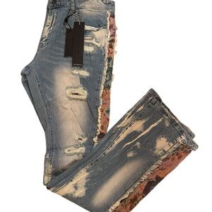 Men's Distressed Blue Jeans with Floral Accents Flared style